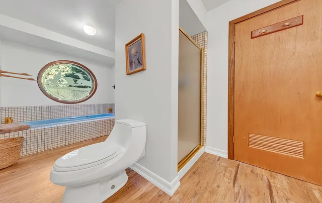 a bathroom with a toilet and a shower