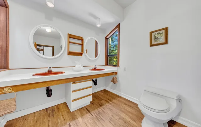 a bathroom with a toilet a sink and mirror