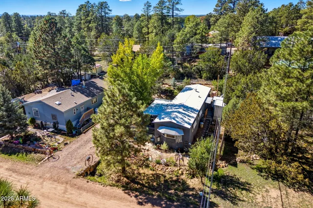an aerial view of a house with a yard and garden