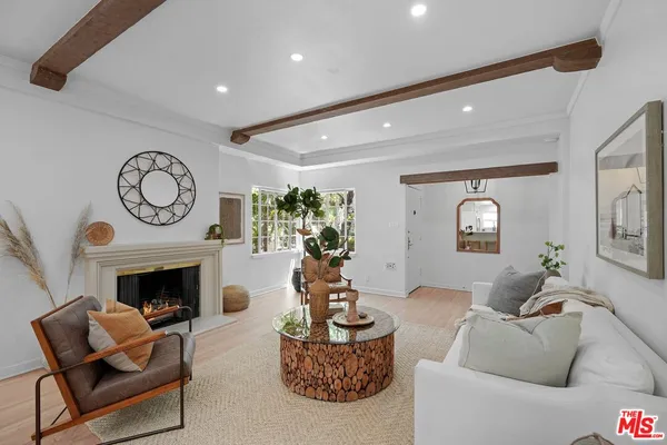 a living room with furniture a fireplace and a potted plant