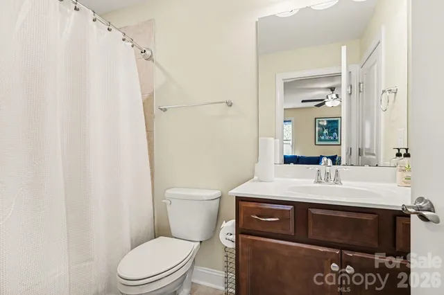 a bathroom with a sink a toilet a mirror and shower curtain