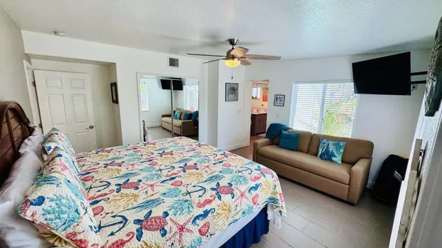 a bedroom with a bed couch and a flat screen tv