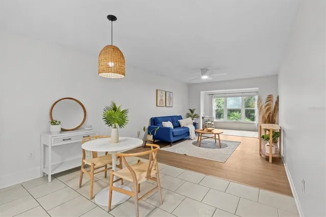 a living room with furniture a dining table and a potted plant