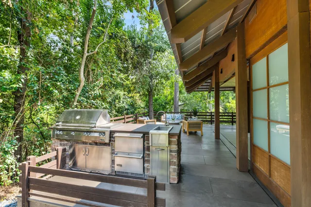 a view of a garden with large trees