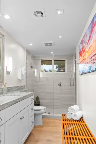 a bathroom with a granite countertop sink mirror vanity and toilet