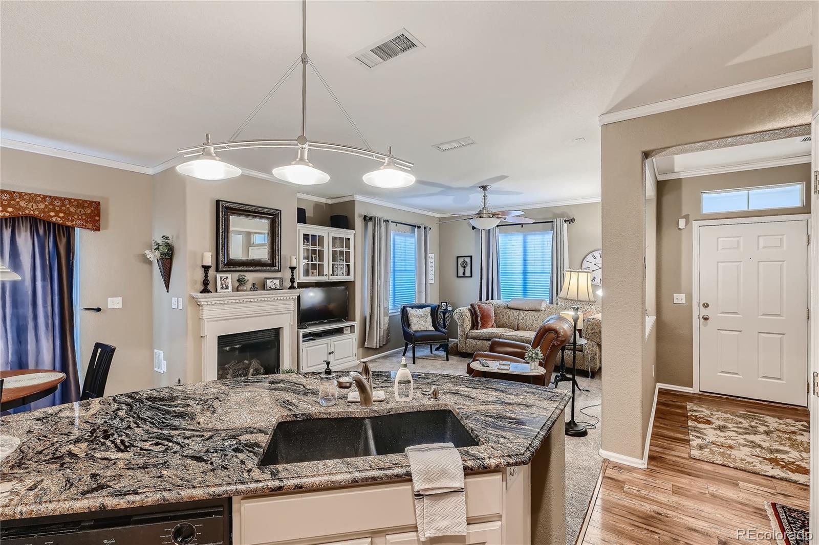 166 Whitehaven Circle Highlands Ranch, CO 80129 - Photo 13 of 28 a living room with furniture and a fireplace
