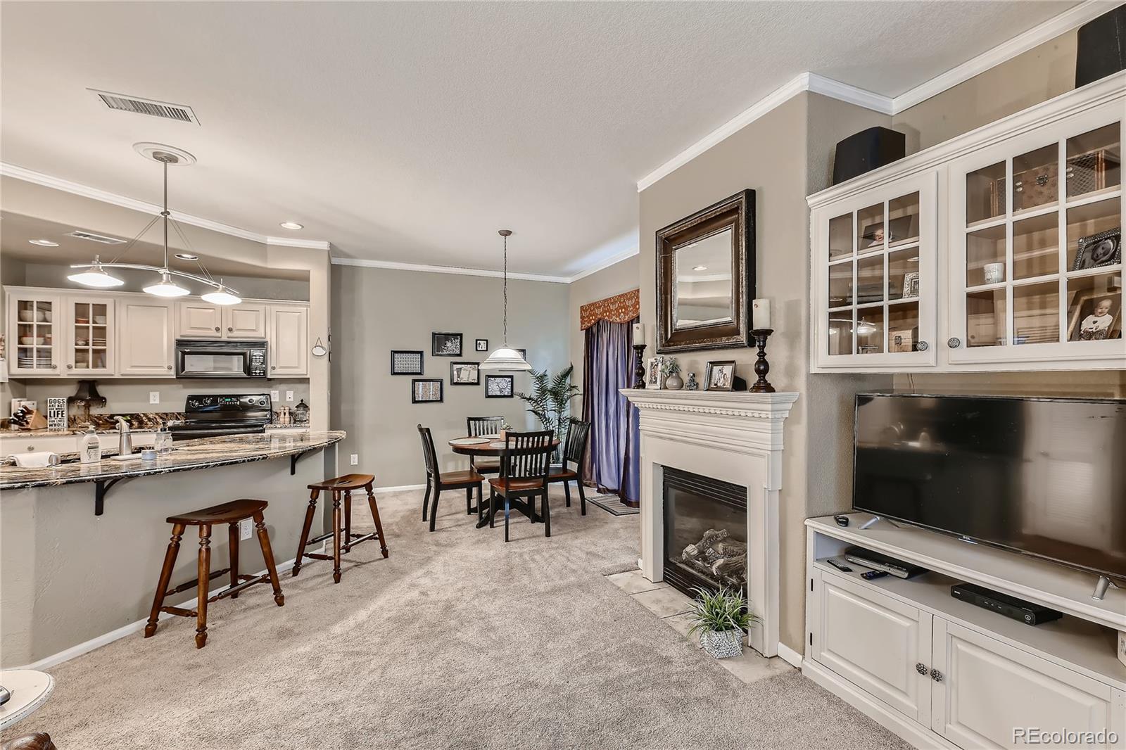 166 Whitehaven Circle Highlands Ranch, CO 80129 - Photo 7 of 28 a kitchen with stainless steel appliances granite countertop a stove and a fireplace