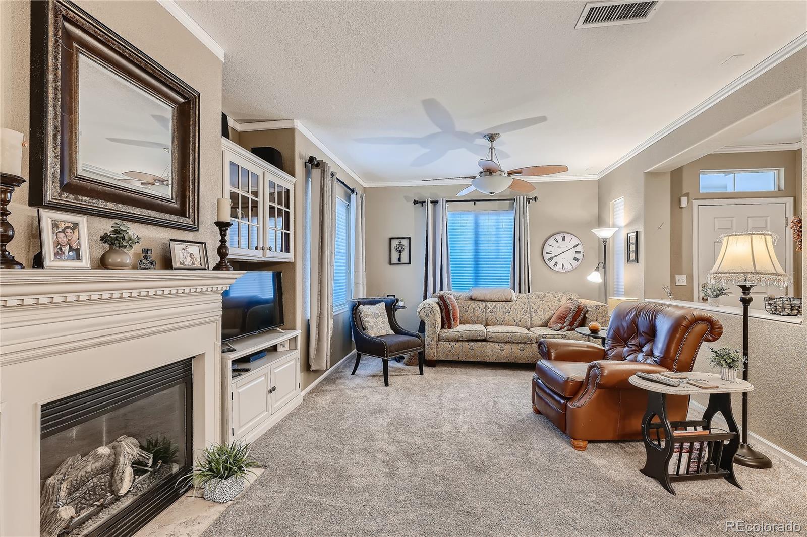 166 Whitehaven Circle Highlands Ranch, CO 80129 - Photo 8 of 28 a living room with furniture a fireplace and a flat screen tv
