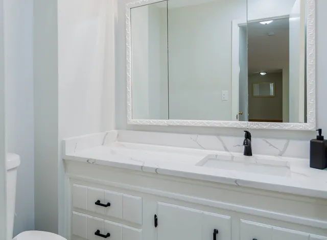 a bathroom with a sink and a mirror