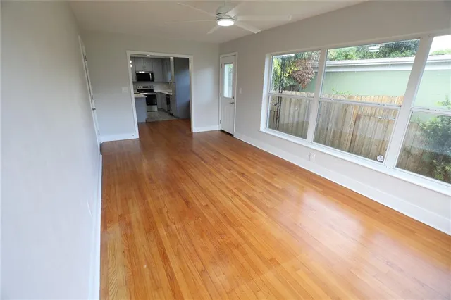 a view of a room with a window