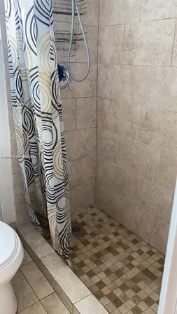 a bathroom with a shower and a toilet