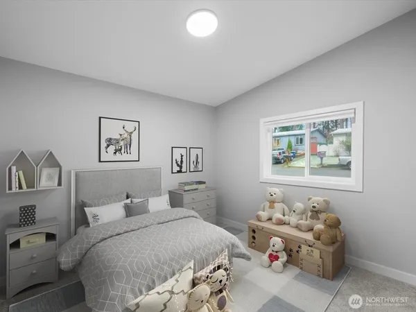 a bedroom with a bed and a couch