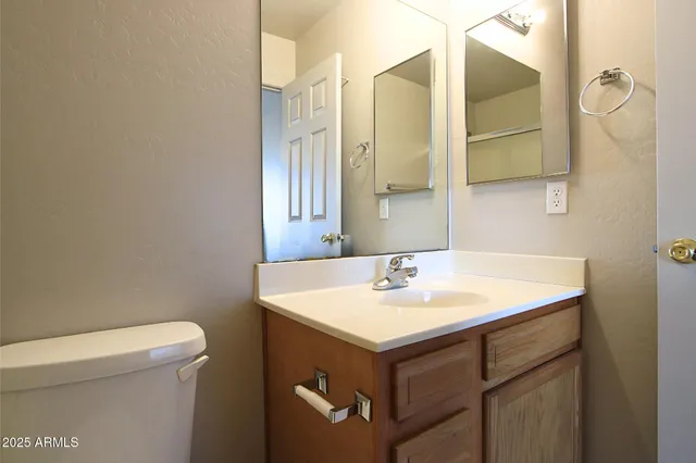 a bathroom with a sink a toilet and mirror