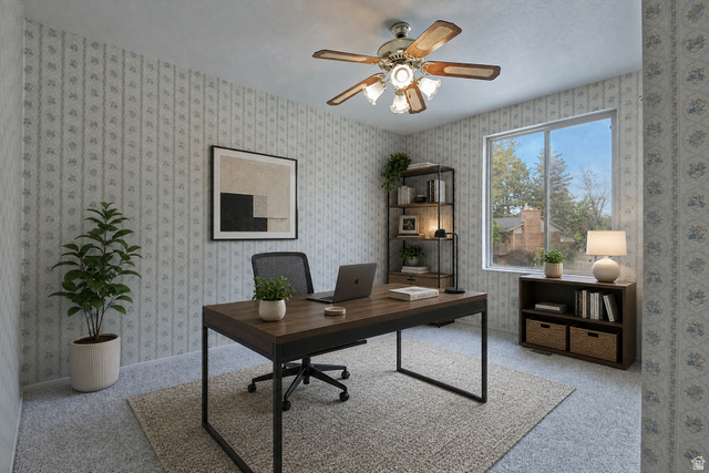 1722 Kimsbrough Road Sandy, UT 84092 - Photo 17 of 29 Room featuring wall-to-wall carpeting, patterned wallpaper, a ceiling fan with integrated lighting, and a large window