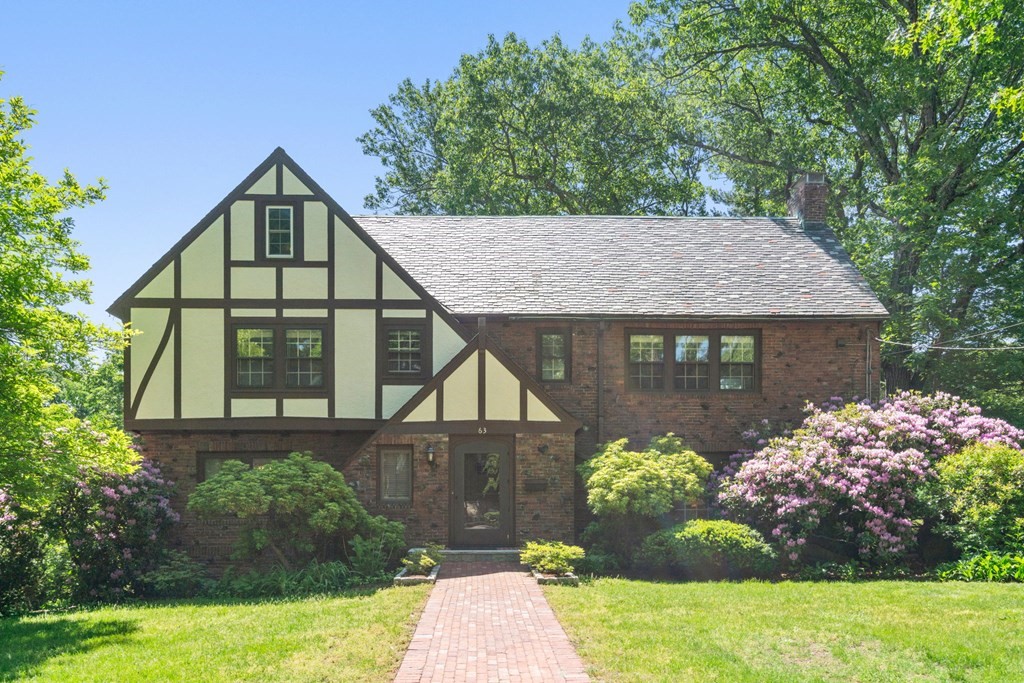 a front view of a house with a yard and potted plants