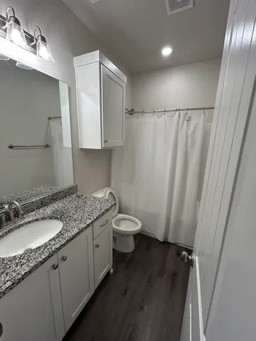 a bathroom with a granite countertop sink toilet and shower