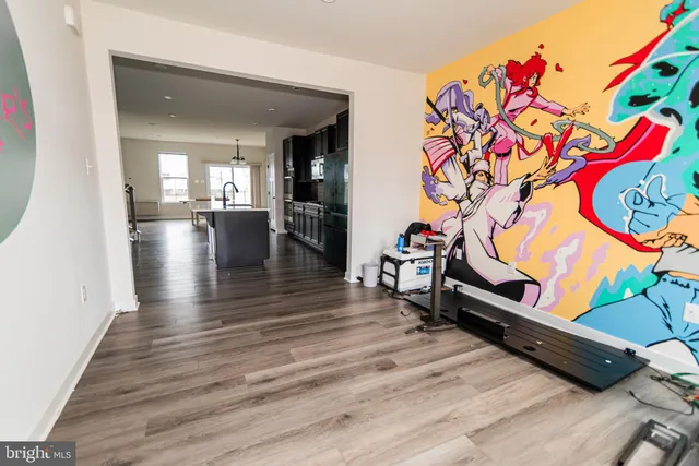 an entryway with wooden floor and a potted plant