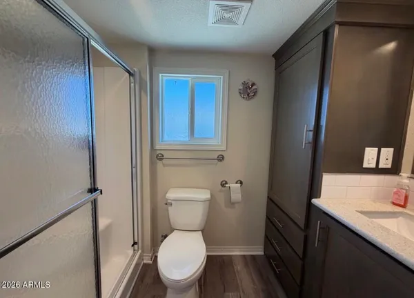 a bathroom with a toilet a sink and vanity