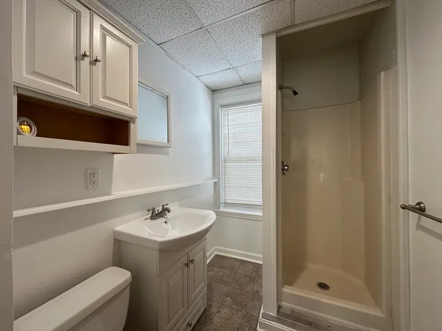 a bathroom with a sink a toilet and shower