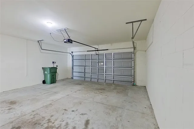 a view of a garage with storage