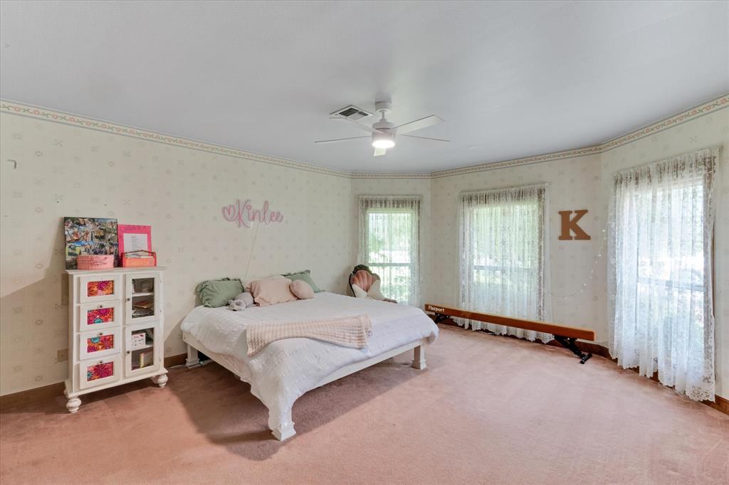 2717 Clear Lake Road Weatherford, TX 76087 - Photo 24 of 40 Spacious room featuring multiple windows, patterned wallpaper, a ceiling fan, and plush carpeting