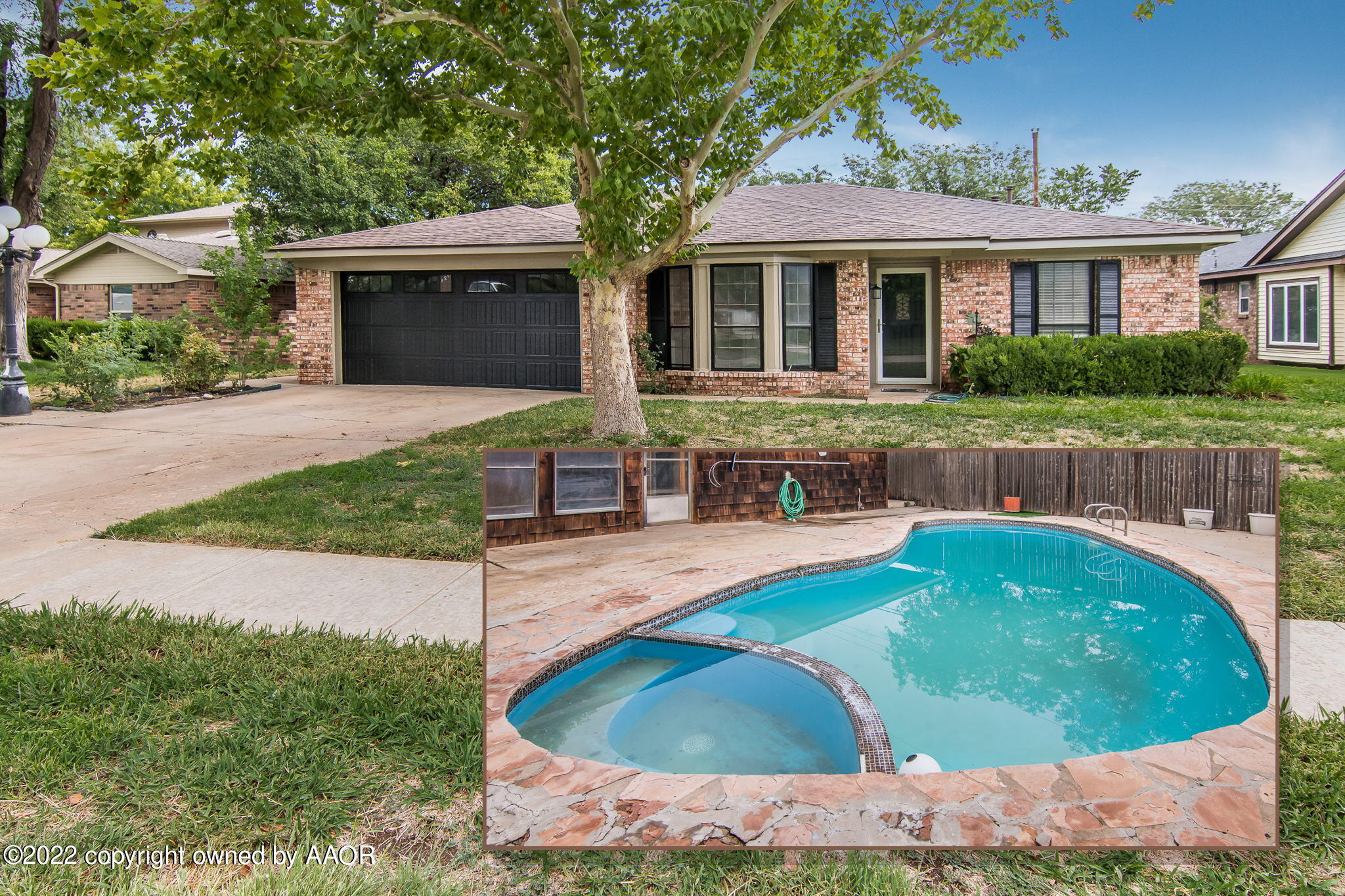 a swimming pool with outdoor seating and yard