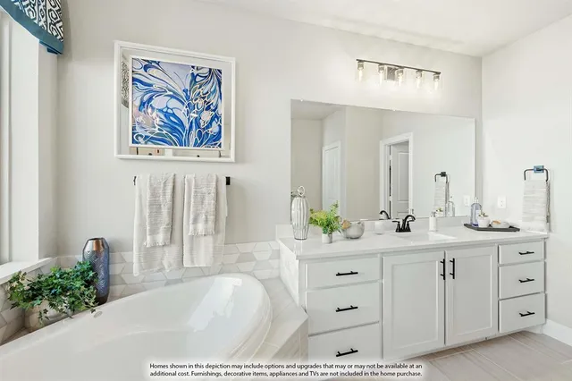 a bathroom with a bathtub a sink a mirror a shower and vanity