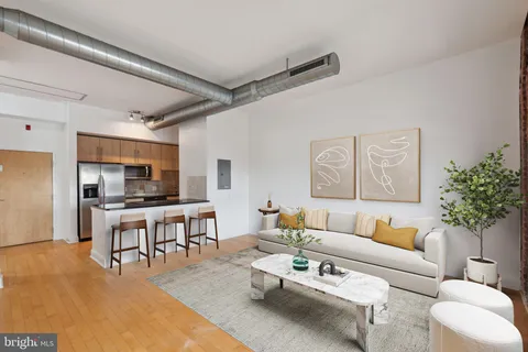 a living room with furniture kitchen view and a potted plant