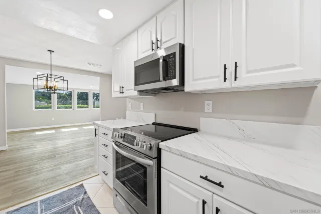 a kitchen with stainless steel appliances a stove and a microwave