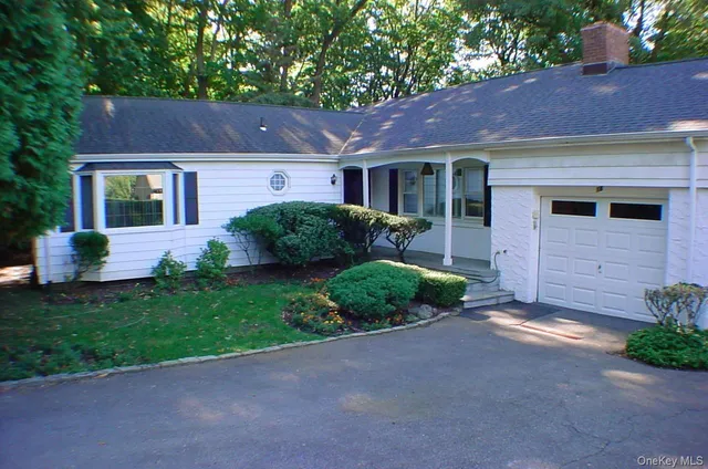 a view of a house with a yard plants and a large tree