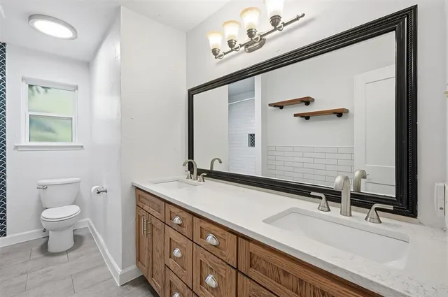 a bathroom with a sink a toilet and a mirror