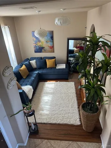 a living room with furniture and a potted plant