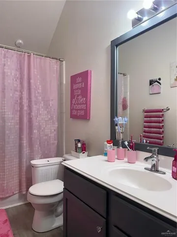 a bathroom with a sink vanity mirror and toilet