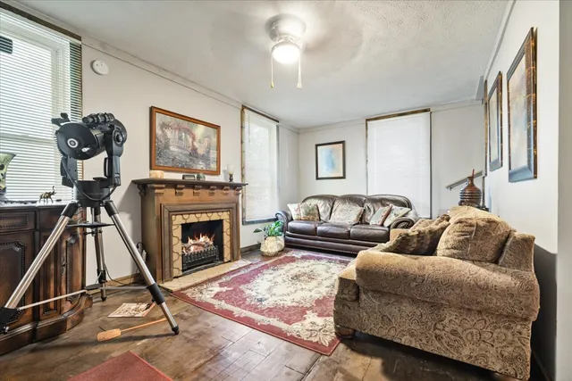 a living room with furniture and a fireplace
