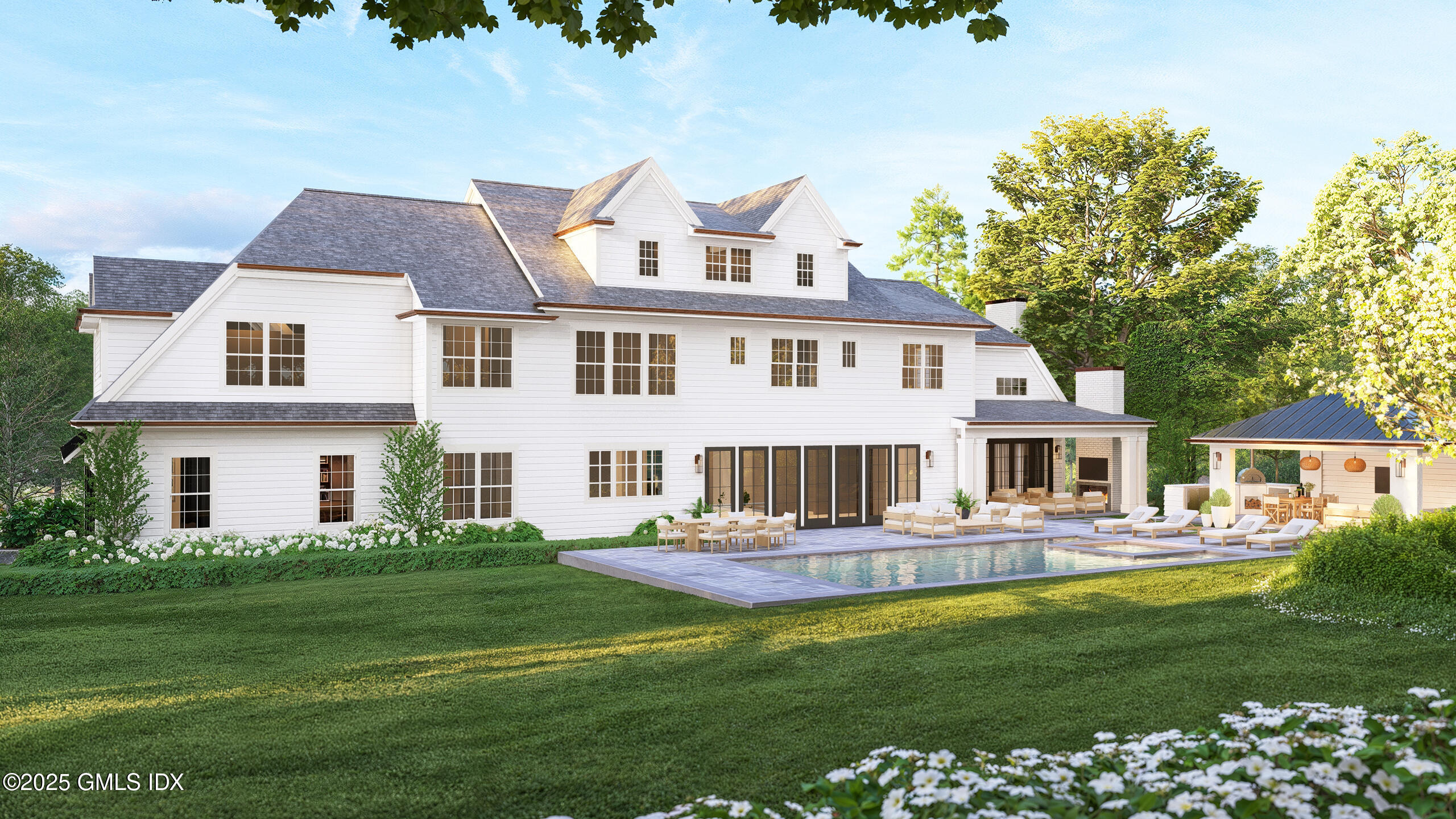 32 Pheasant Lane Greenwich, CT 06830 - Photo 3 of 10 a front view of a house with a garden and trees