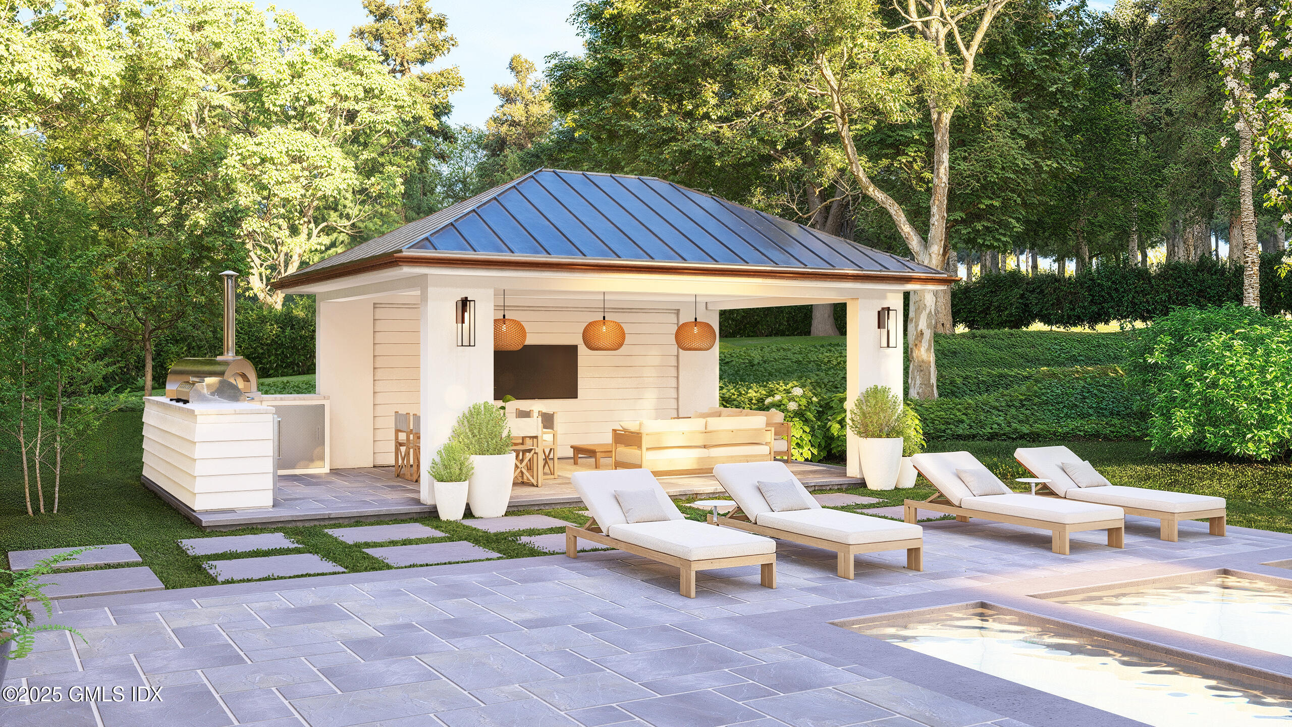 32 Pheasant Lane Greenwich, CT 06830 - Photo 4 of 10 a view of a patio with table and chairs potted plants and a large tree