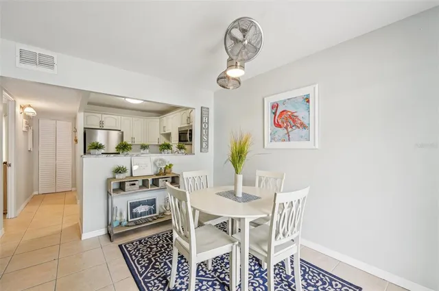 a view of a dining room with furniture