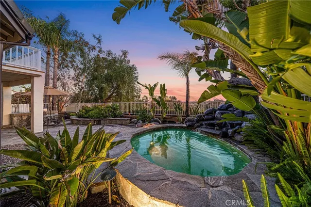a view of a backyard with plants and a slide