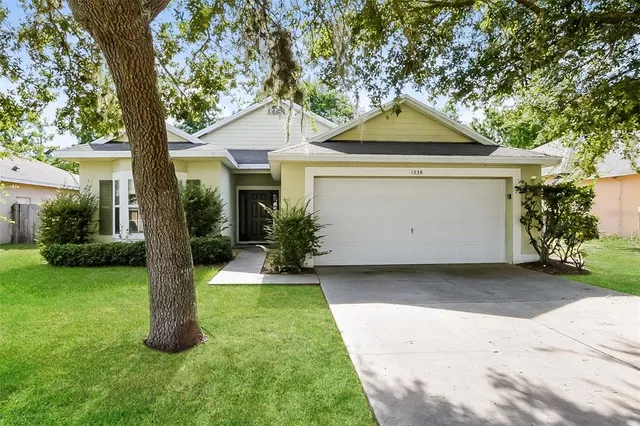 a front view of house with a garden