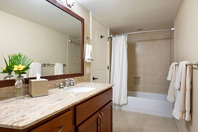 a bathroom with a granite countertop sink a mirror and a shower