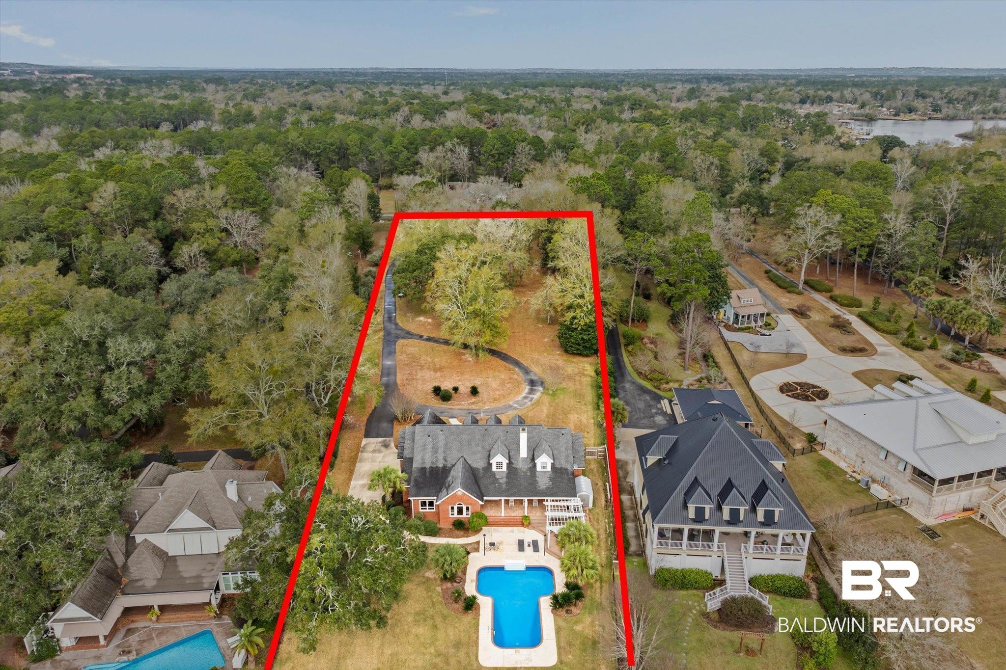 4851 Audubon Drive Mobile, AL 36619 - Photo 38 of 46 Aerial view of property's location with a large body of water and property boundaries highlighted