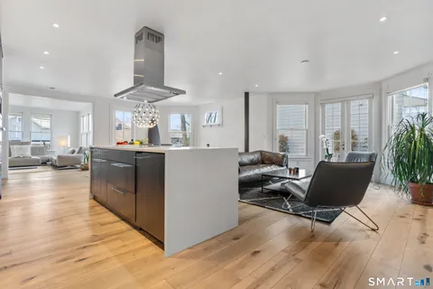 a view of a dining room with furniture and wooden floor