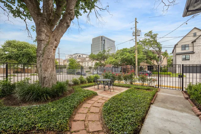 a view of a city with tall trees
