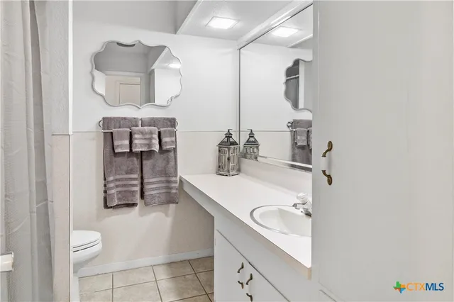 a bathroom with a sink a toilet and mirror