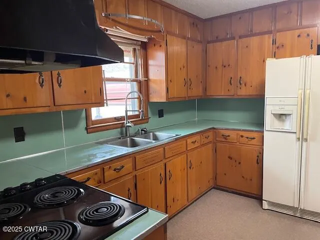 a kitchen with a refrigerator and a sink
