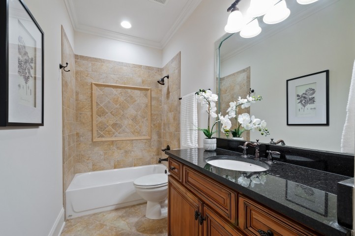 3624 Lime Valley Bridge Road Thompson's Station, TN 37179 - Photo 46 of 69 a bathroom with a granite countertop sink a toilet a mirror a vanity a bathtub and shower