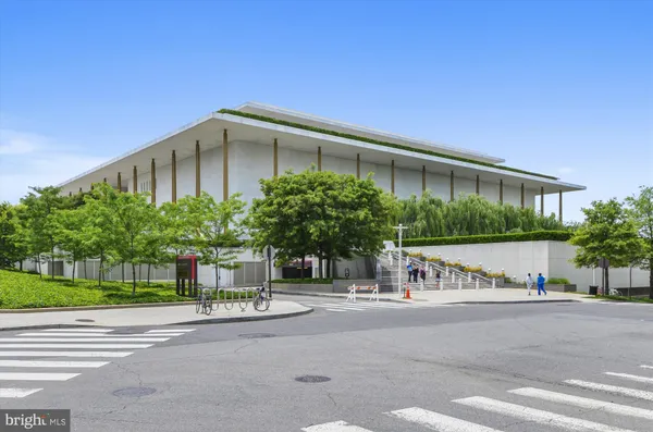 front view of a building with a street