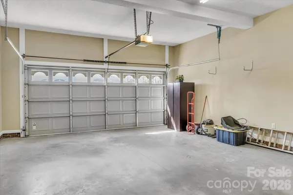 a view of a garage with storage