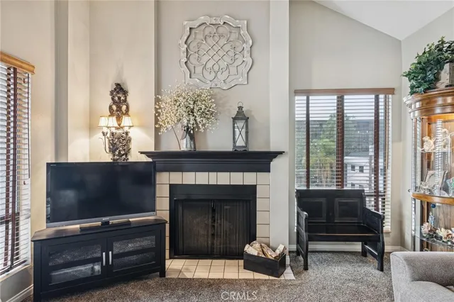 a living room with furniture a flat screen tv and a fireplace