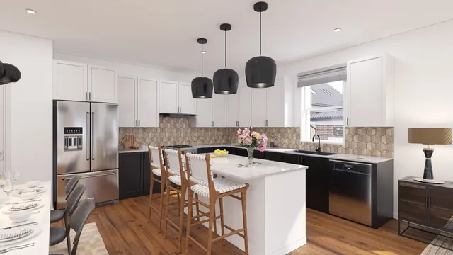 a kitchen with stainless steel appliances granite countertop a sink a stove and a refrigerator